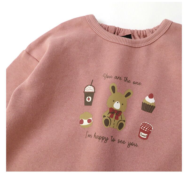 日本 ZOOLAND - 童趣印花圓領純棉長袖上衣-兔兔甜點-淺灰杏