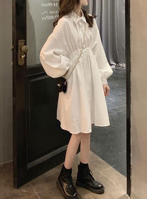 日本 GRL - 甜美翻領縮腰泡泡袖洋裝-黑