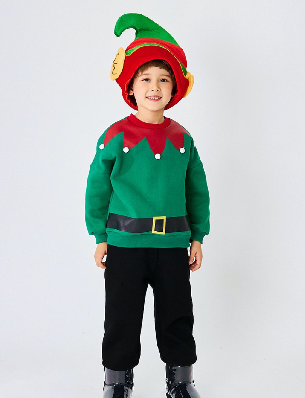 韓國 OZKIZ - (附尖帽)(內刷毛)聖誕男精靈長袖套裝