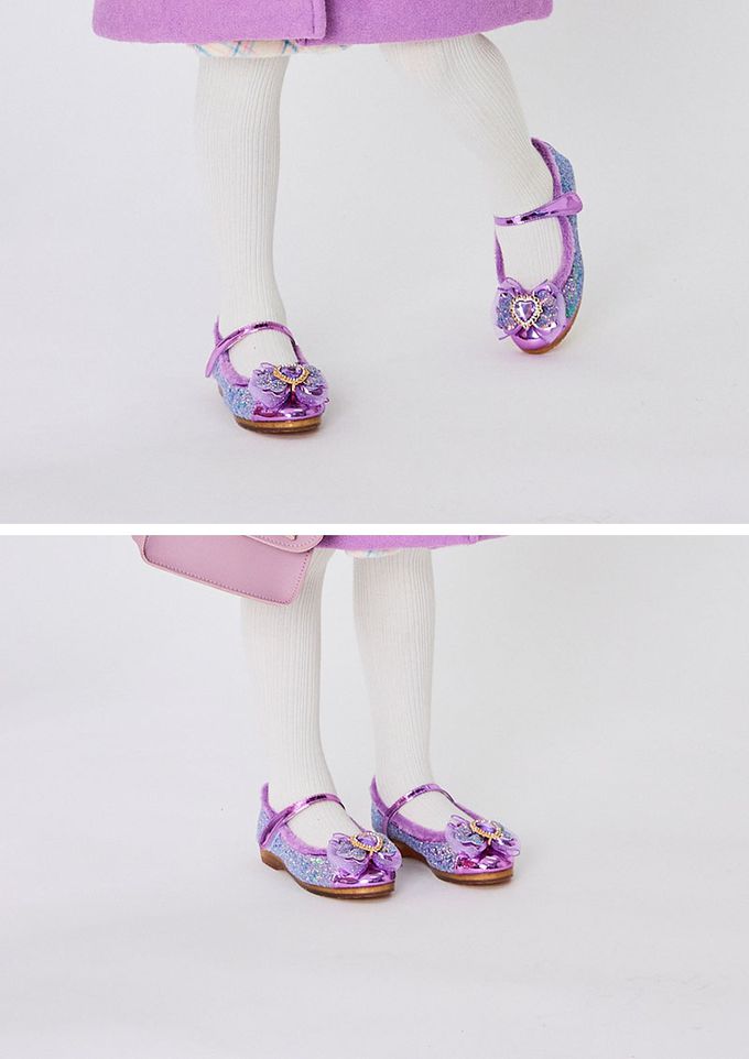 韓國 OZKIZ - (LED)蝶結愛心拼接刷毛矮跟皮鞋-紫