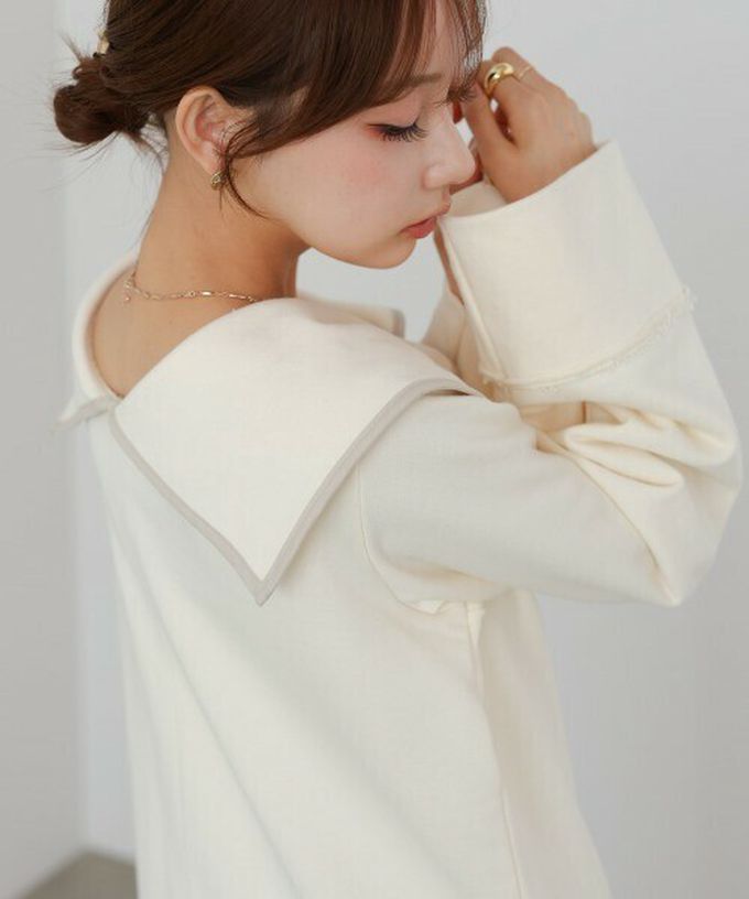 日本 Bab - 滾邊個性大翻領休閒長袖洋裝-象牙