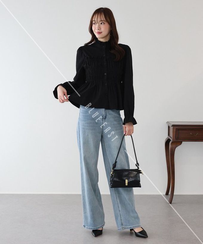 日本 BLUE EAST - 小立領荷葉皺摺束腰長袖襯衫-白