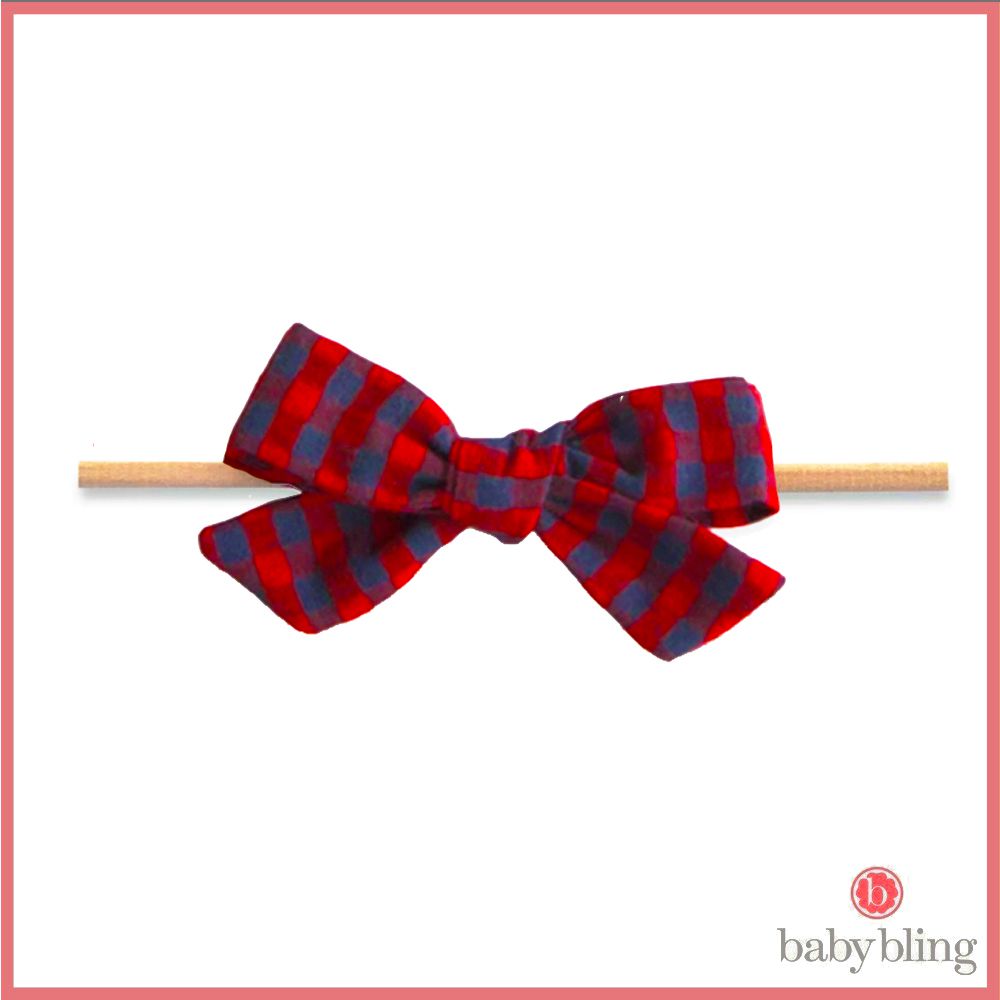 美國baby bling - 蝴蝶結髮飾/髮夾_細髮帶-紅藍格紋 (0-5歲適用)