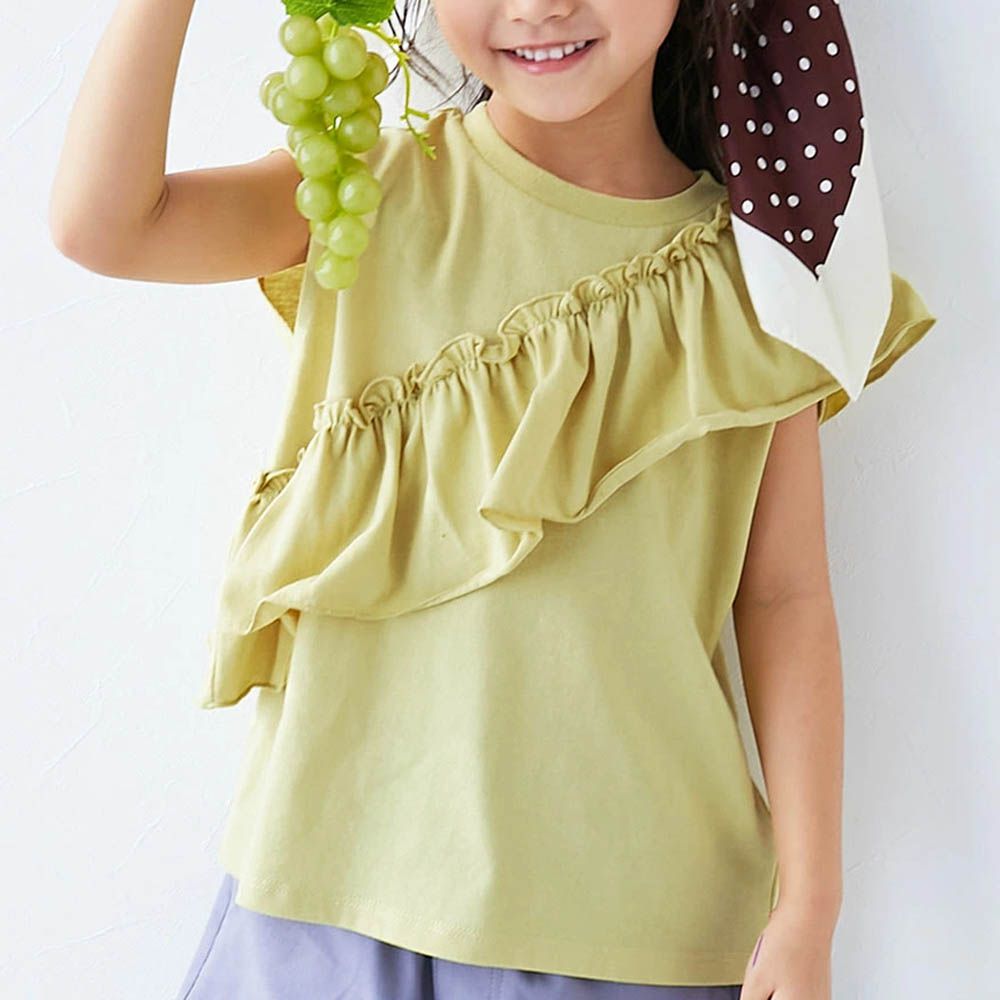 可愛女孩短袖上衣-斜邊荷葉-芥黃