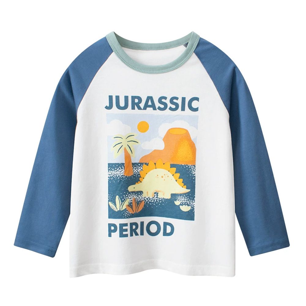 純棉長袖上衣-恐龍探險記-米白/藍