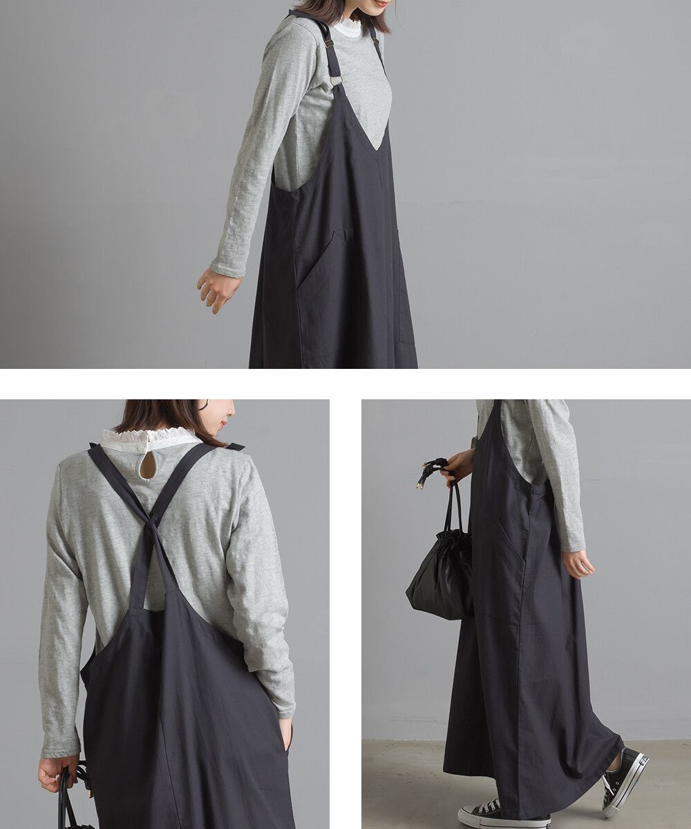 日本女裝代購 - V 領純棉斜紋吊帶裙-薑黃 (Free size)