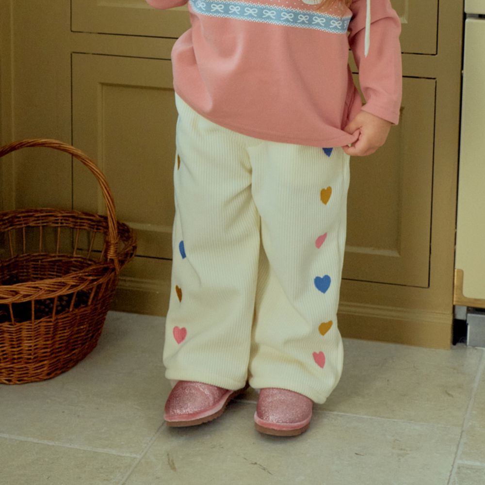 First Blue (內磨毛)鬆緊腰彩心點綴燈芯絨長褲-米