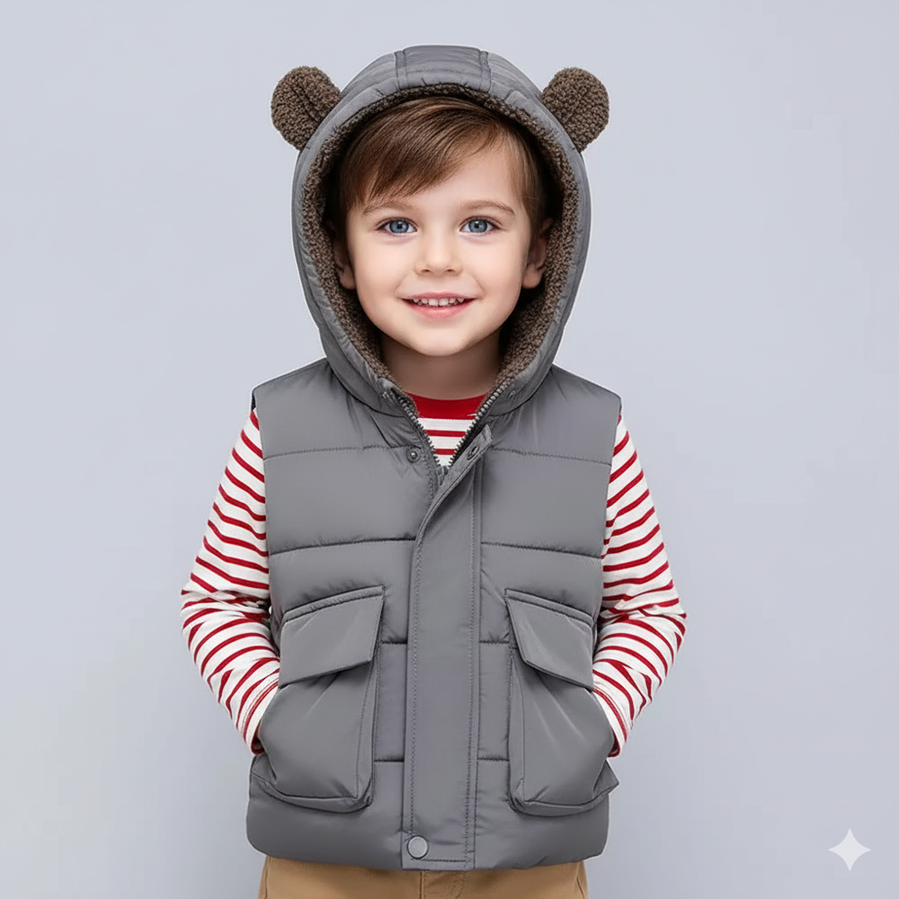 加絨造型暖暖連帽背心-熊熊耳朵-灰色