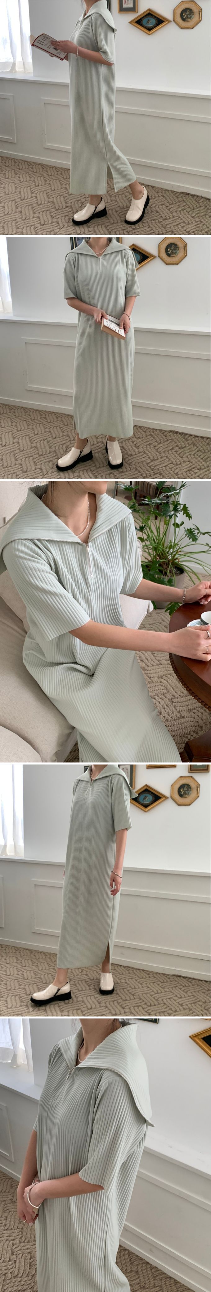 韓國 LANDING - 開衩拉鍊翻領短袖洋裝-白 (FREE)