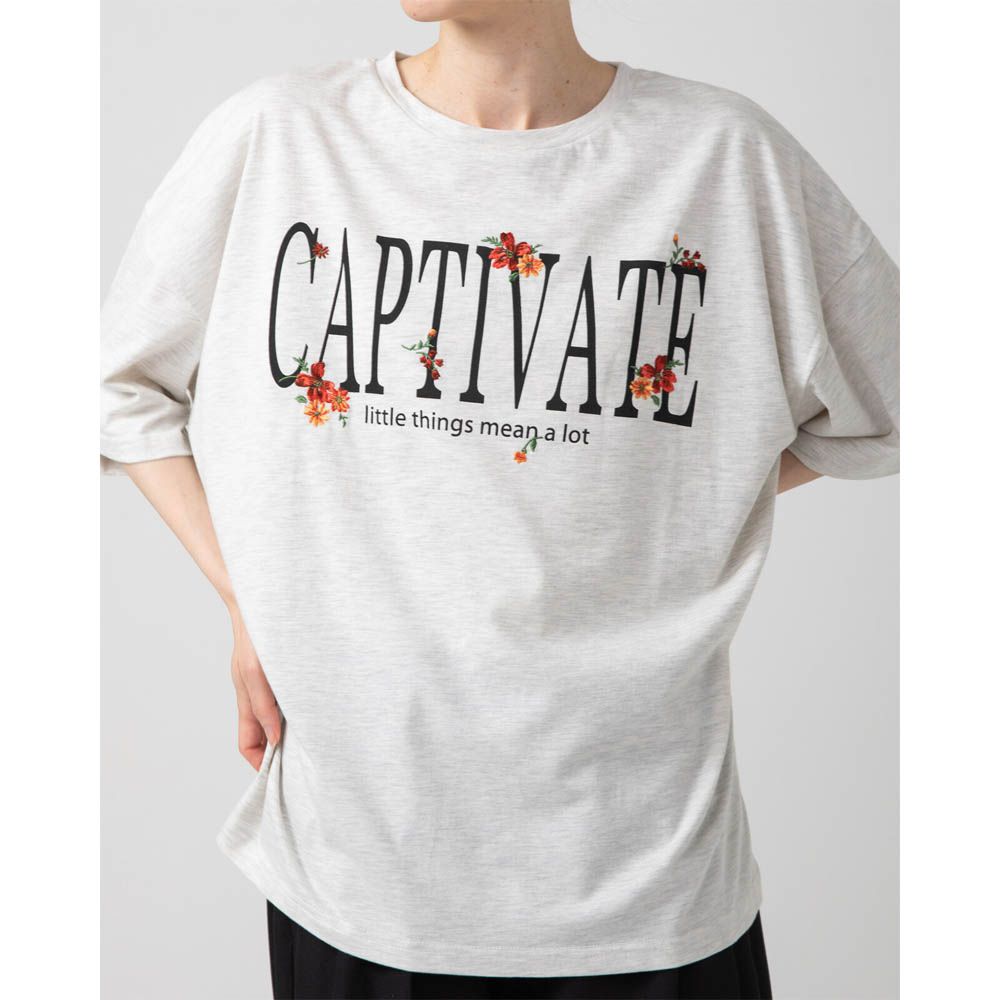 花朵刺繡英文標語天竺棉短袖T恤-燕麥灰