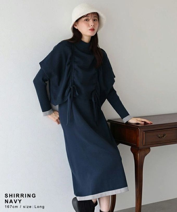 日本 BLUE EAST - [經典款]氣質針織斗篷綁帶長袖洋裝2件組-灰棕