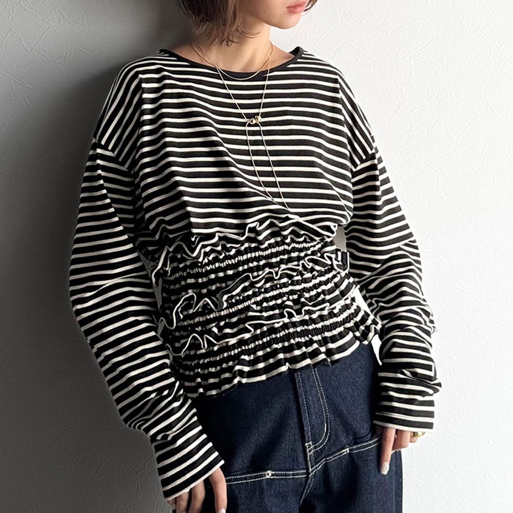 時尚造型圓領長袖上衣(附荷葉腰帶)-黑底條紋