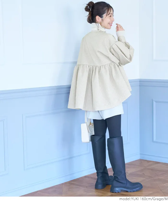 日本 COCA - 優雅緹花氣球袖薄外套-淺灰