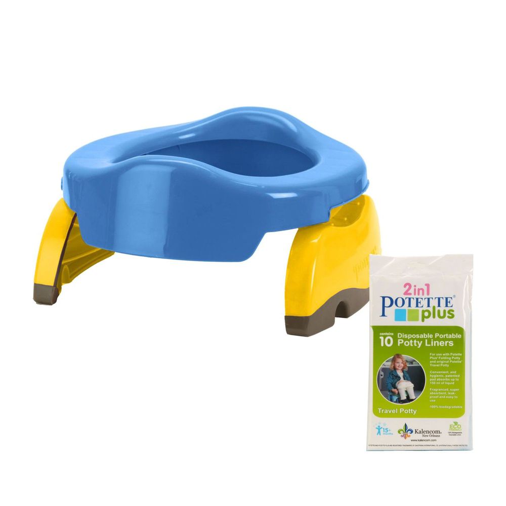 美國 Potette Plus - 可攜式馬桶-藍色+拋棄式防漏袋10入裝)