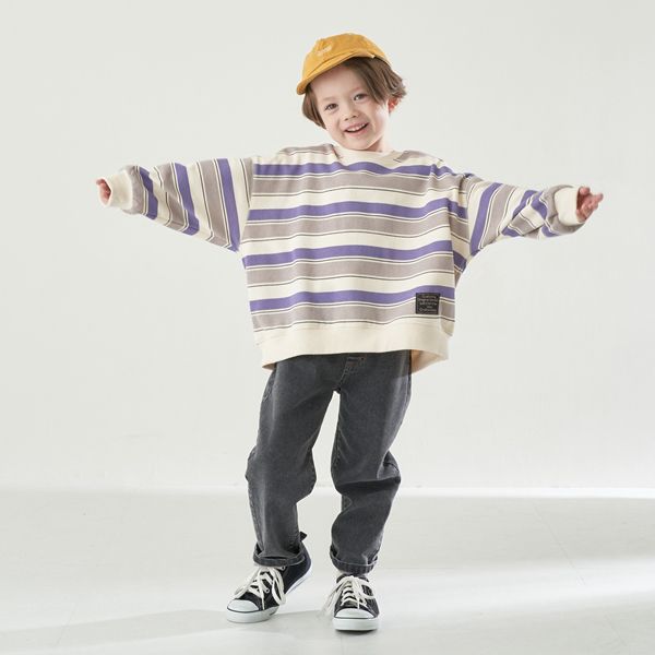 日本 b-ROOM - 裏起毛亮色系大落肩條紋上衣-黑灰系