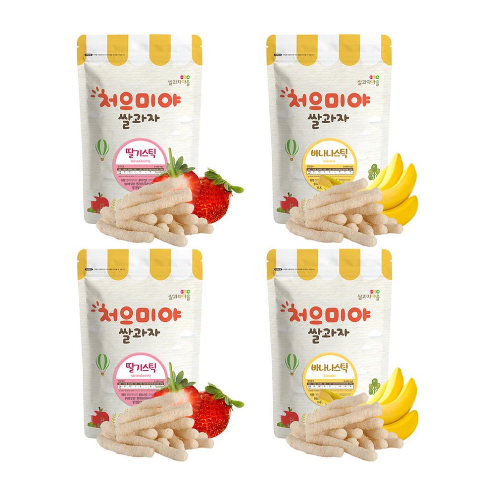 韓國SSALGWAJA米餅村 - 免運組-寶寶糙米棒-水果口味4入組-香蕉*2/草莓*2-40g/包，共4包