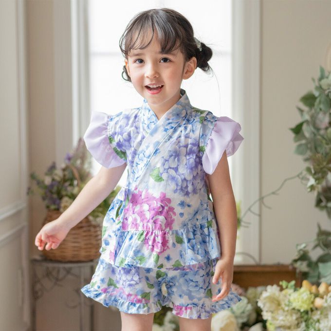 日本 Catherine Cottage - 甜美澎澎荷葉純棉二件式甚平-波斯貓-水藍