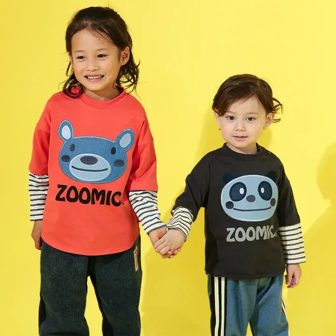 日本 ZOOLAND - 丹寧風小熊長袖上衣-假二件袖-紅