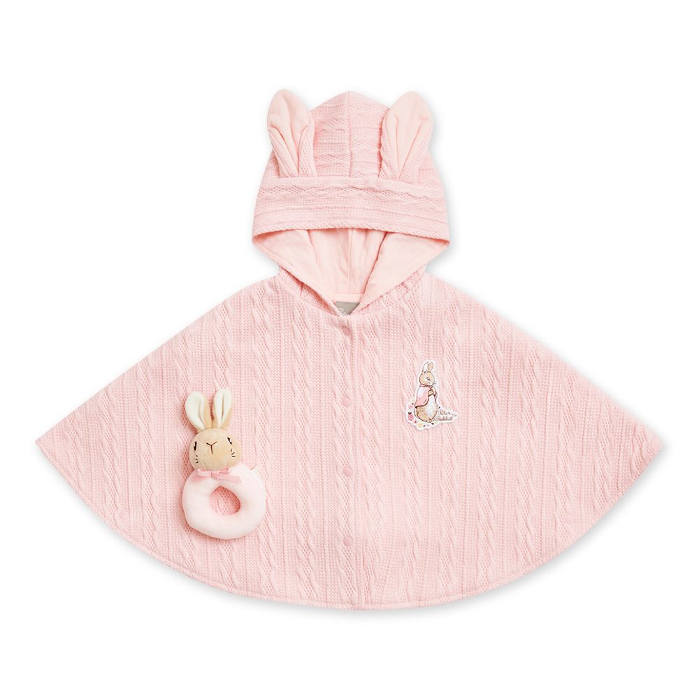 四季比得兔 針織連帽披風2件組禮盒 披風+手搖鈴(寶寶新生兒禮 滿月禮 彌月禮 嬰兒禮盒)-杏粉色