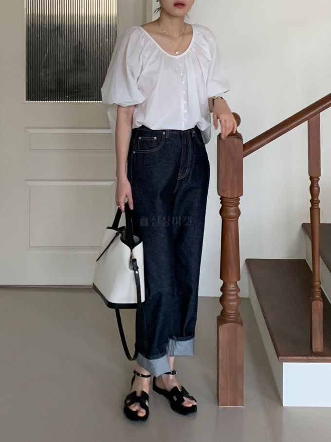 韓國 ANDYOUBROWN - 質感小釦泡泡袖襯衫-象牙白 (FREE)