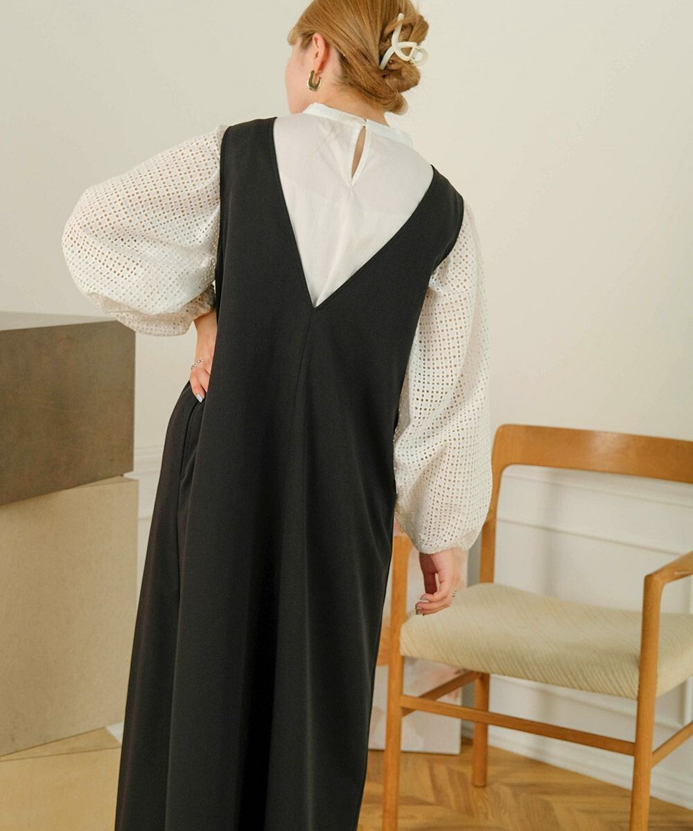 日本 Bab - [日雜推薦] 氣質綁帶V領背心裙-石英灰