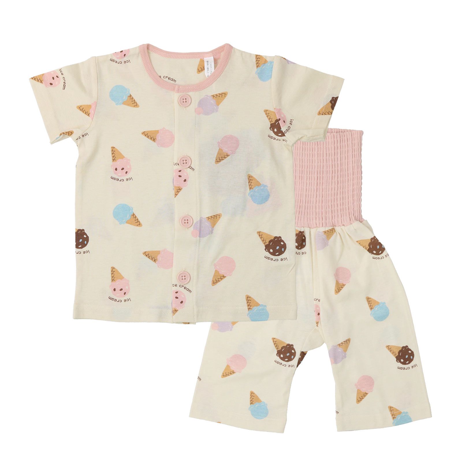 日本 ZOOLAND - 天竺棉鈕扣式腹卷短袖家居服/睡衣-甜筒-粉紫