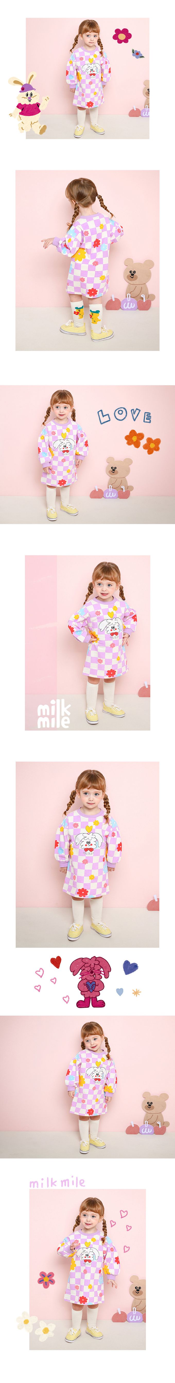 韓國 milk mile - 棋盤紋花綴白兔連身洋裝