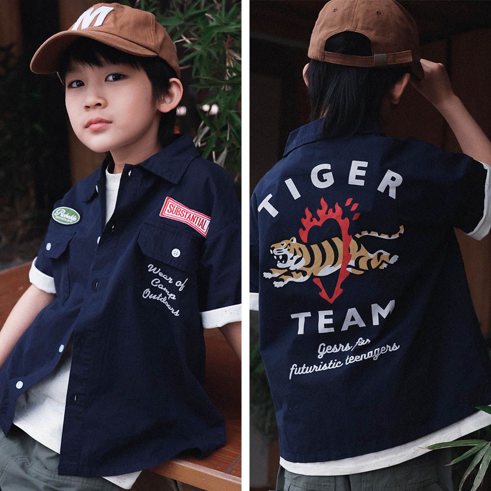 純棉率性短袖襯衫-老虎-藏青