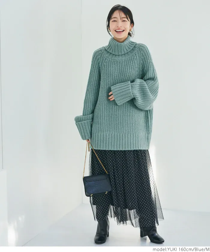 日本 COCA - 份量感高領寬鬆粗編織毛衣-淺灰