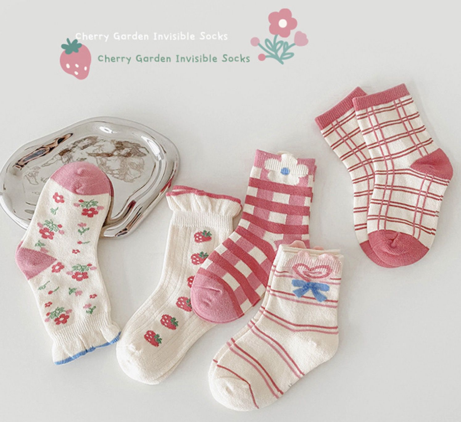 love, charlotte - 甜心草莓泡泡邊短筒棉襪-5 雙一組