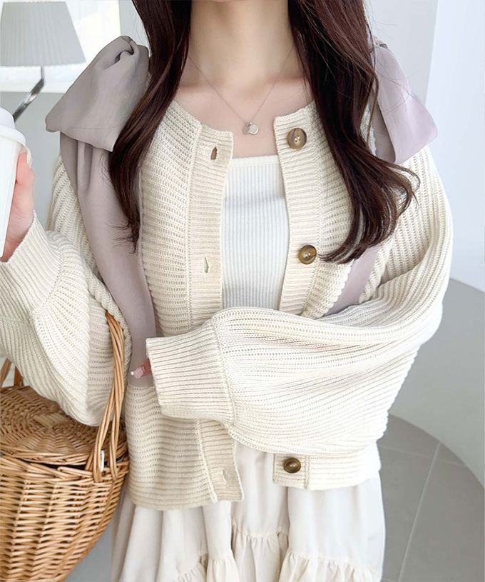 日本 Classical Elf - mily bilet 露肩甜美大蝴蝶結羅紋開襟衫-米白