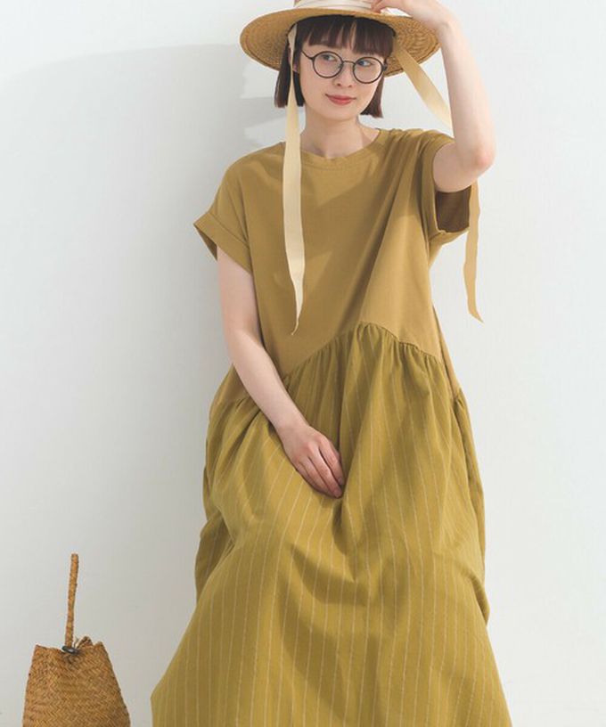 日本 Lupilien - [人氣款]亞麻混紡條紋拼接短袖洋裝-芥末黃