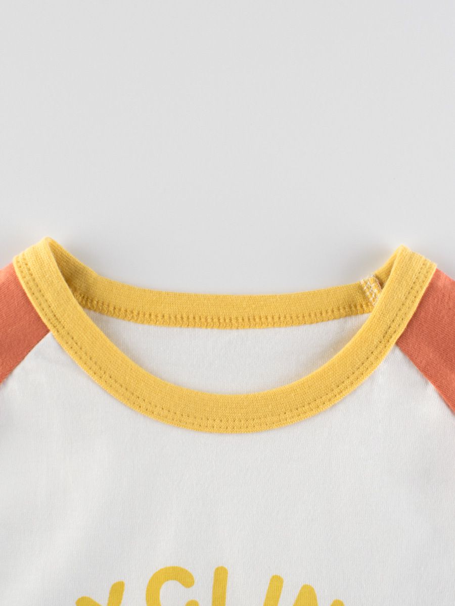 純棉圓領薄長袖上衣-熊熊狗狗好朋友-米白+深橘