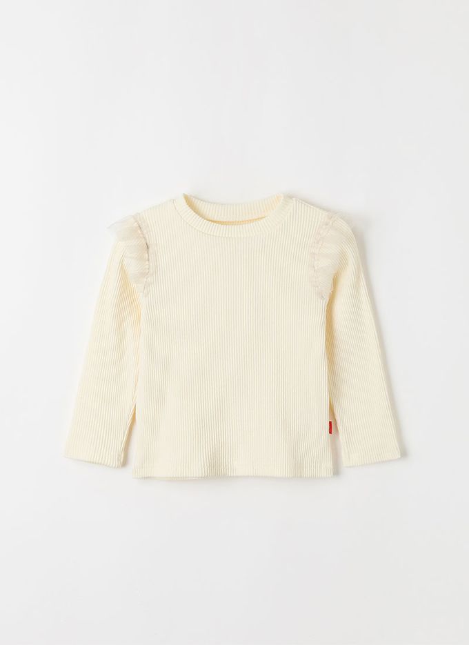 韓國 OZKIZ - 網紗裝飾彈性長袖上衣-象牙白