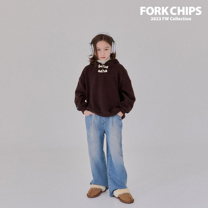 韓國 FORK CHIPS - (內磨毛)鬆緊腰雙線條點綴牛仔長褲-藍