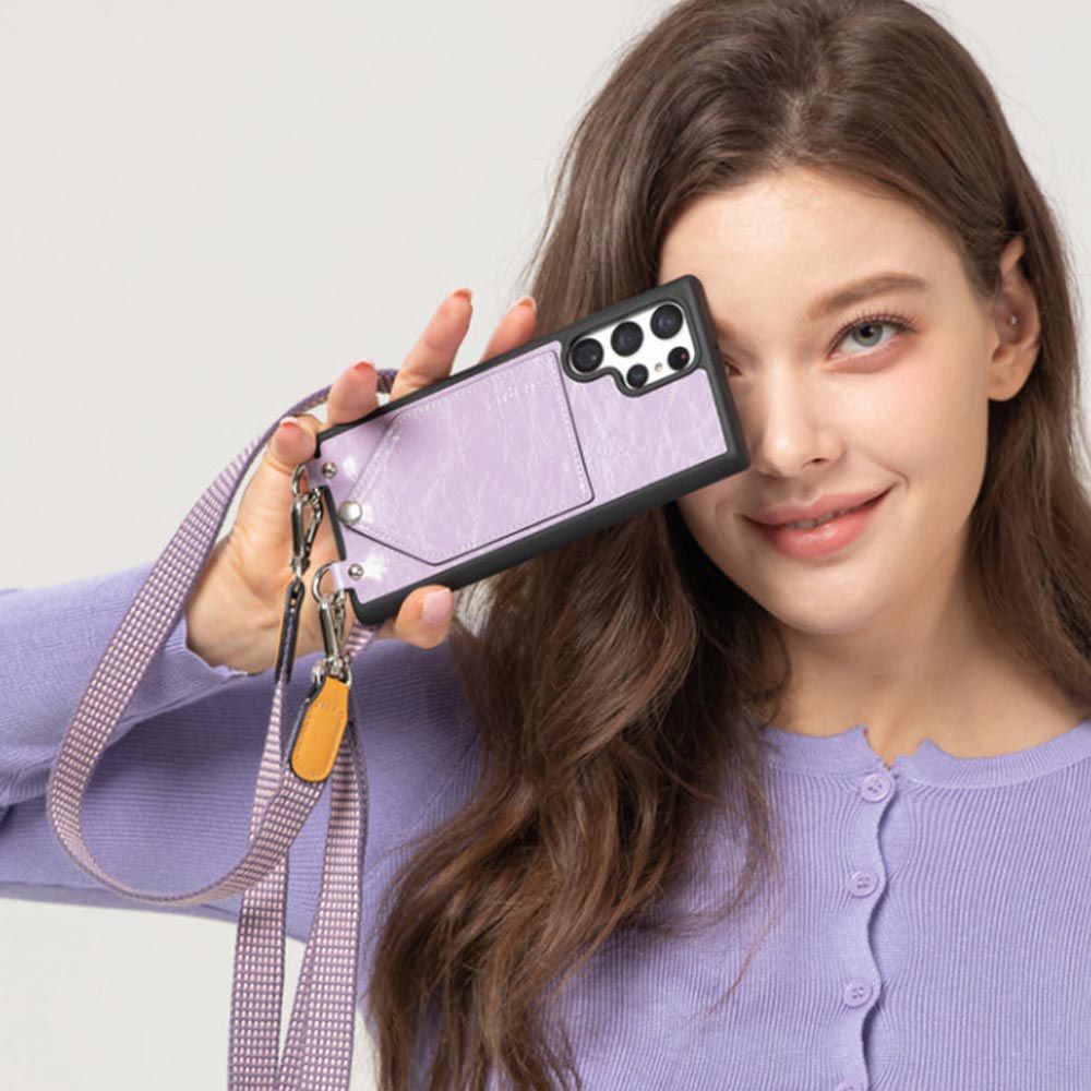 韓國 ARDERE - 卡夾式手工牛皮時尚手機殼(附背繩)-薰衣紫