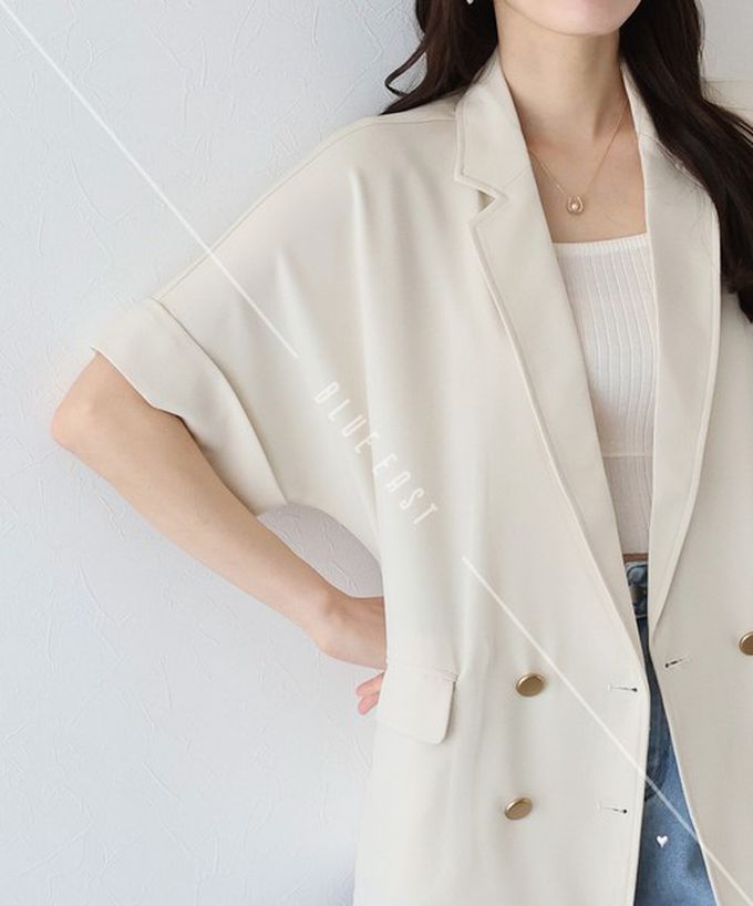 日本 BLUE EAST - 亞麻感氣質金釦短袖西裝外套-咖啡