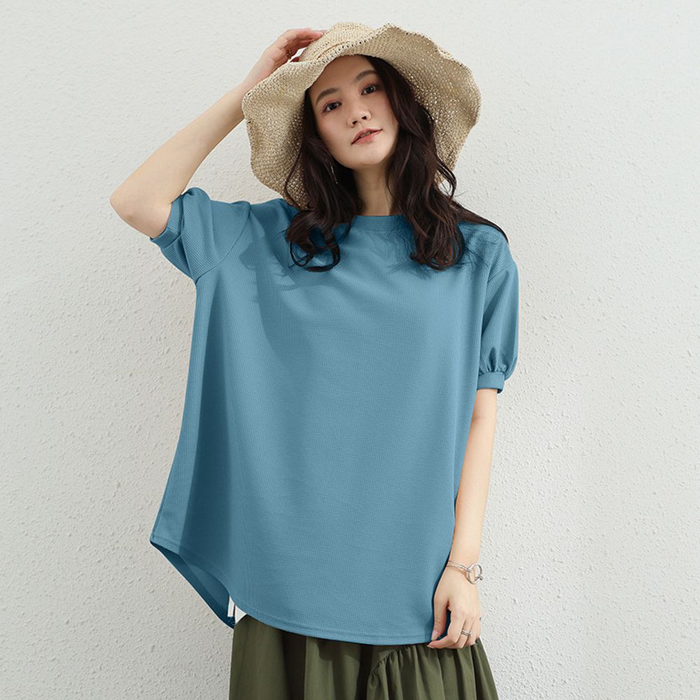 甜美華夫格燈籠袖長版上衣-霧霾藍 (F)