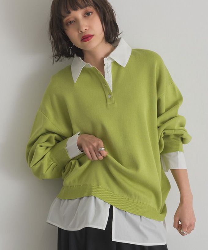 日本 ELENCARE DUE - 假二件襯衫領輕盈落肩長袖上衣-海軍藍x綠條紋