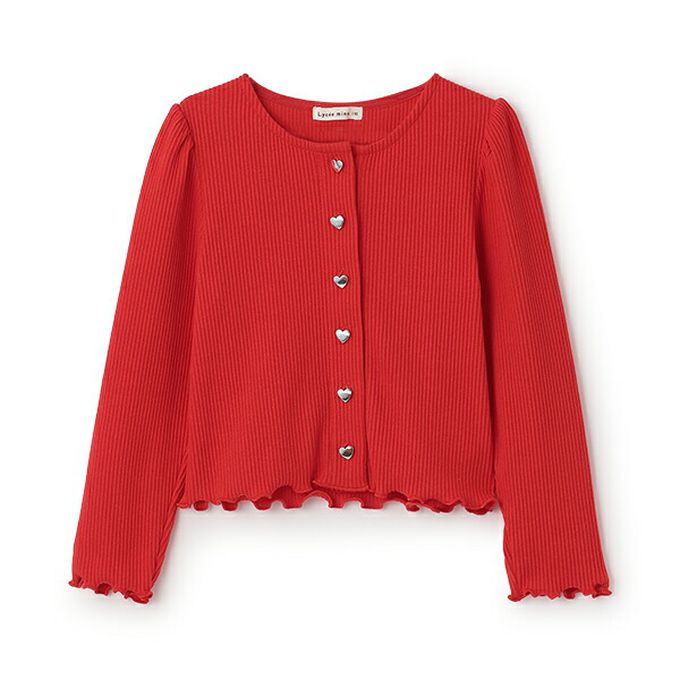 日本 Lycee mine - 愛心鈕扣羅紋針織薄外套-點點-卡其棕