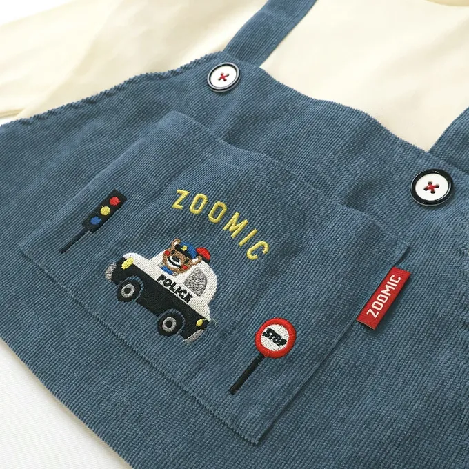 日本 ZOOLAND - 熊熊救援隊 燈芯絨吊帶拼接長袖上衣-警車-黑X軍綠