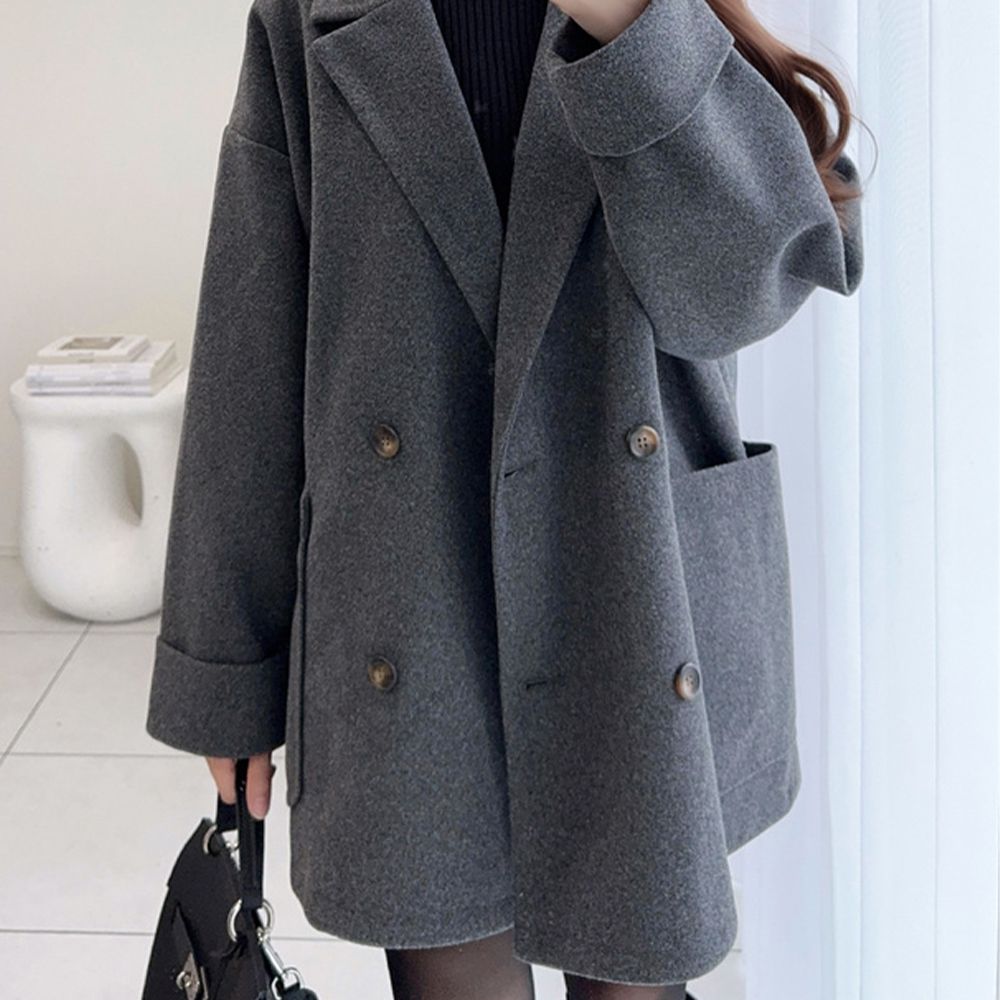雙排扣修身翻領大口袋大衣外套-灰 (F)
