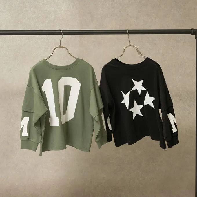 日本 b-ROOM - 正反兩穿 吸水速乾數字印花長袖上衣-軍綠