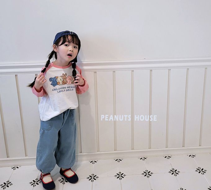 韓國 Peanuts House - 動物好友玩偶印長袖上衣-粉橘