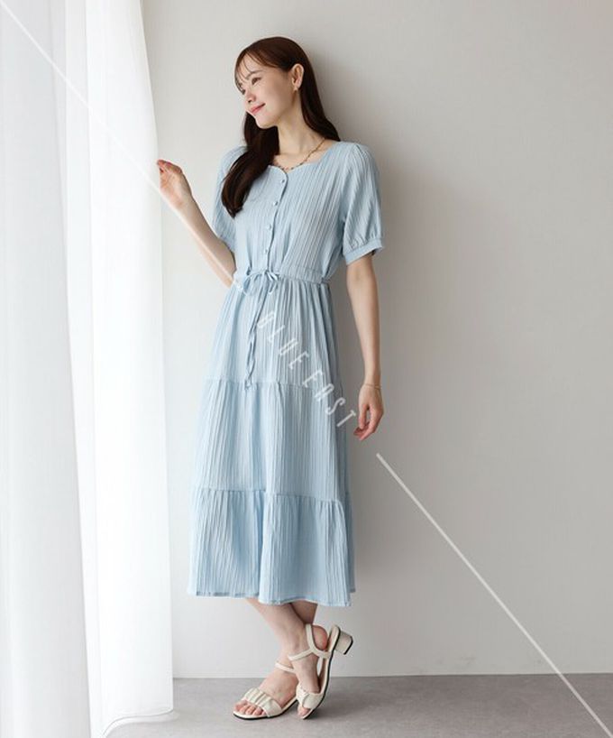 日本 BLUE EAST - 桃心領氣質分層短袖洋裝-黑