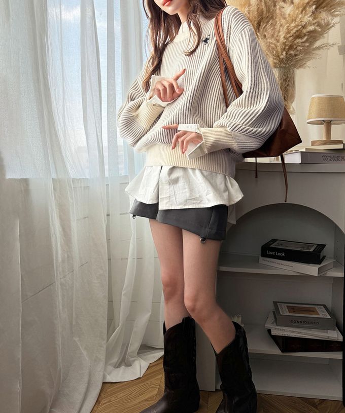 日本 Classical Elf - 刺繡logo 線條感針織長袖上衣-橘紅x米