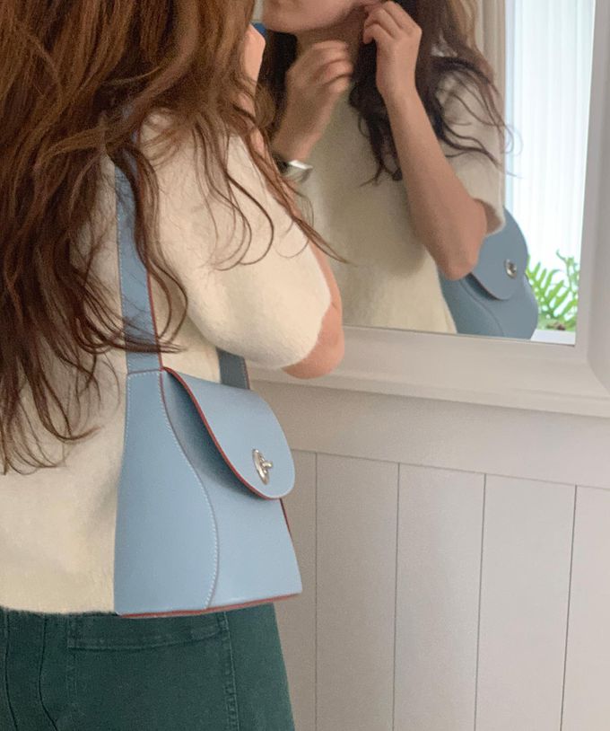 韓國lemego - 牛皮復古金釦肩背包(Mone)-藍色