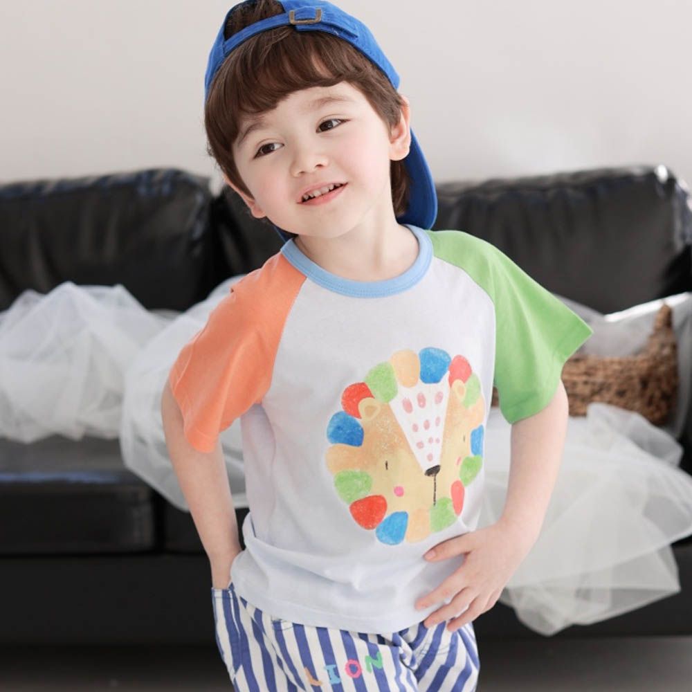 繽紛水彩獅子撞色短袖上衣-橘X綠