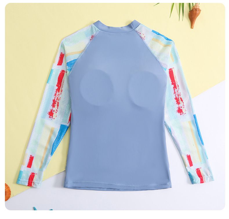 大童女孩速乾長袖泳衣套裝(三件組)-繽紛幾何-藍色-泳衣、長泳褲、短泳褲