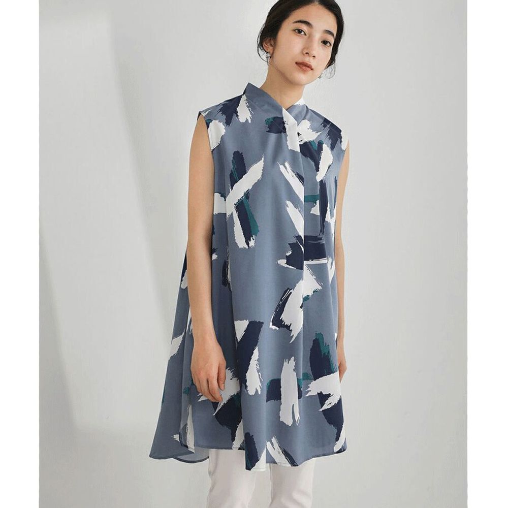 日本 Bou Jeloud - 水彩撞色設計感無袖小洋裝-藍